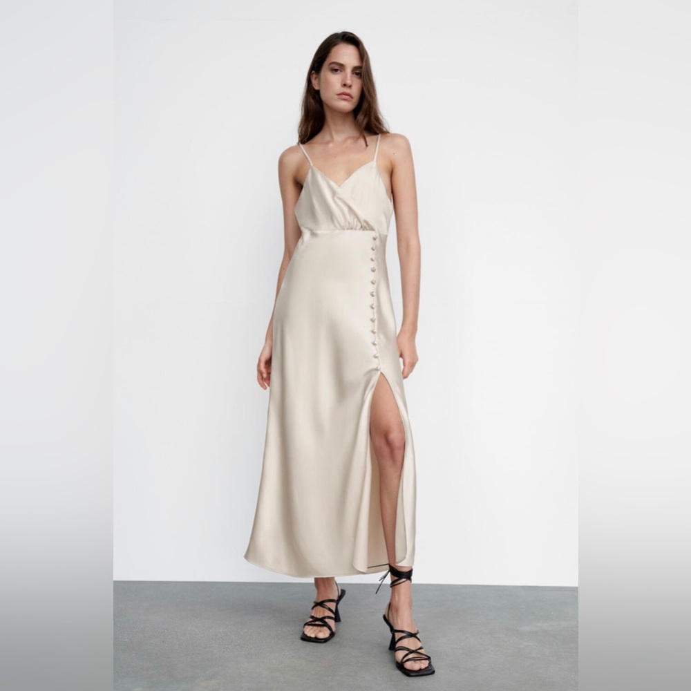 Button Slip Dress Satin Silk Beige Creme